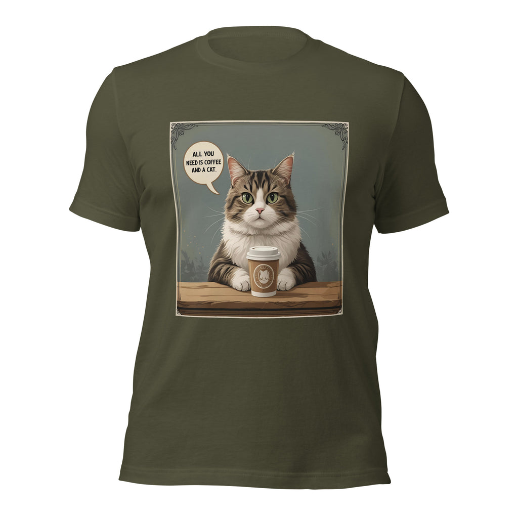 Front view of military green Christian pet lover unisex t-shirt featuring cat and coffee cup design.