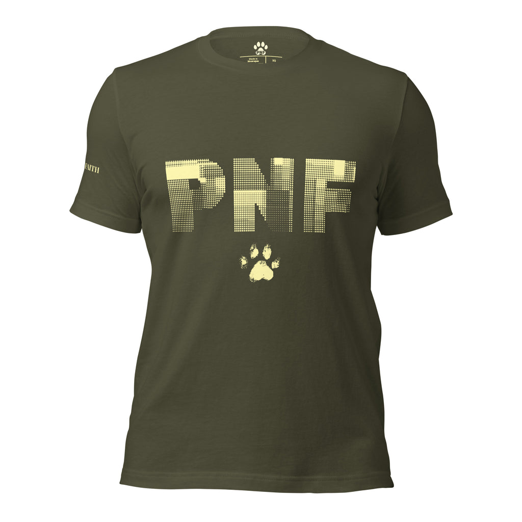 Front view of military green Pets N Faith unisex Christian t-shirt with large PNF logo design.