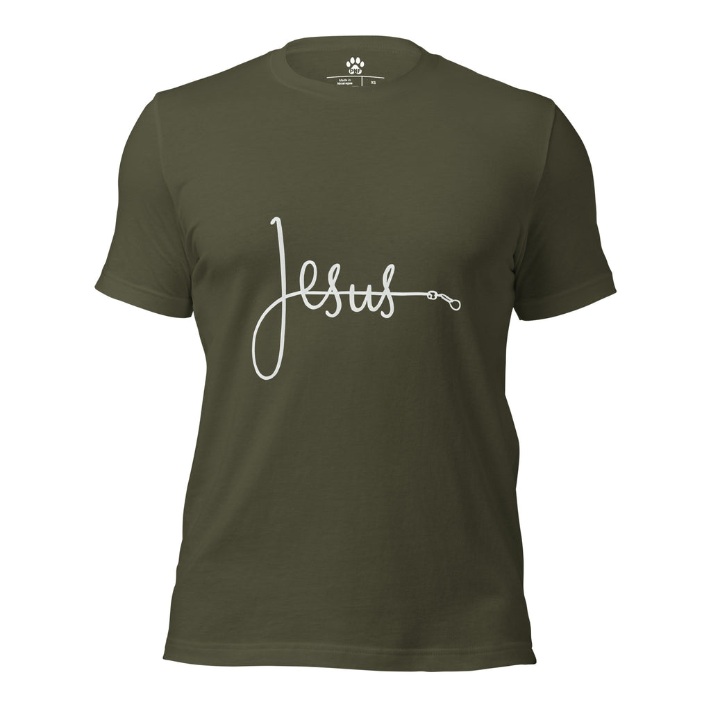 Front view of military green unisex Christian t-shirt with bold font of 'Jesus', with the 'J' made from a pet leash