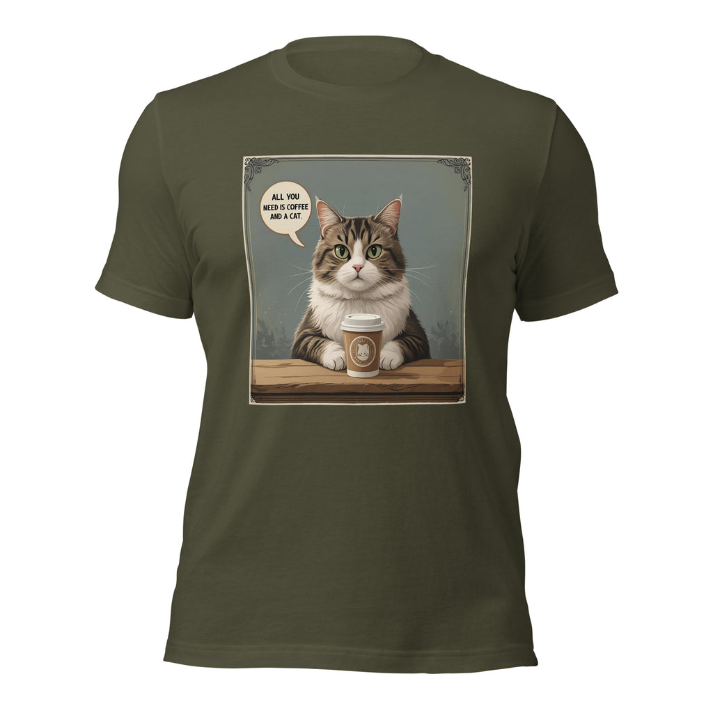 Front view of military green Christian pet lover unisex t-shirt featuring cat and coffee cup design.