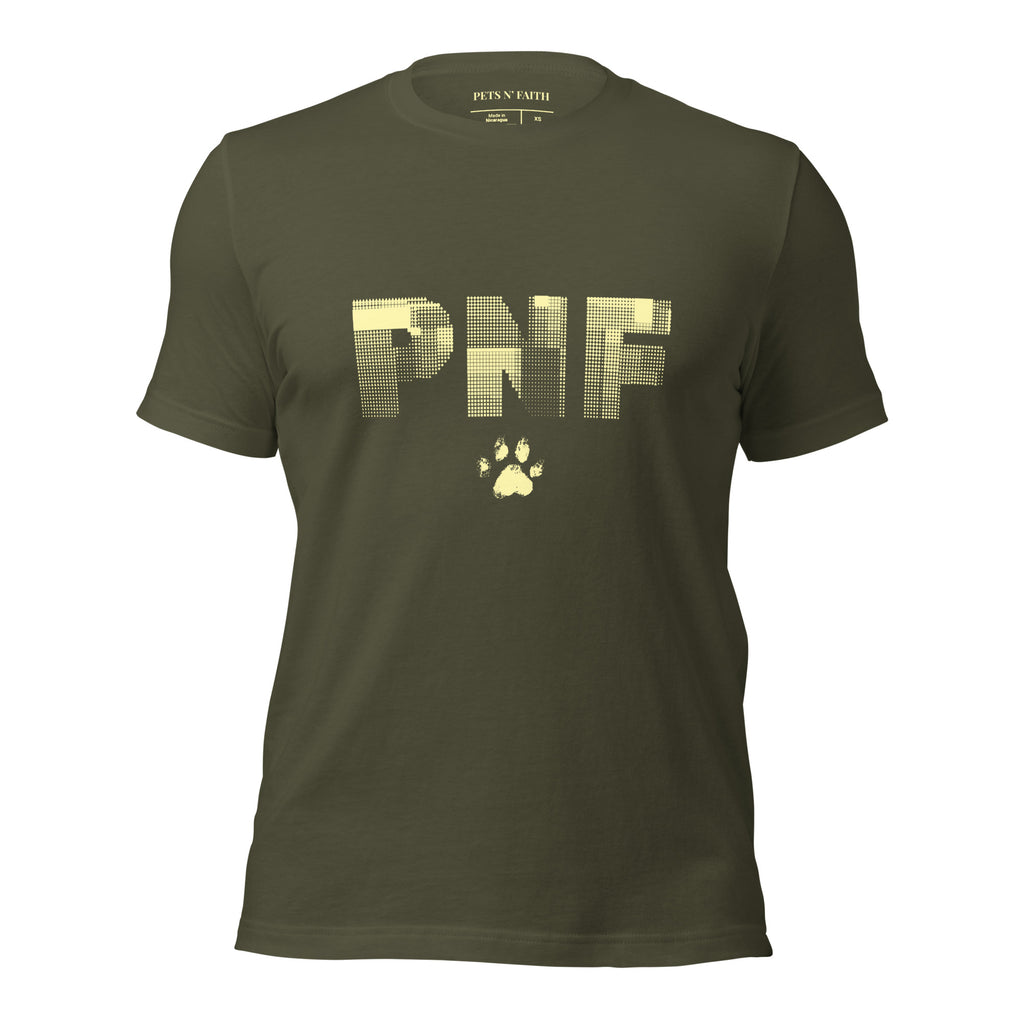 Front view of military green Pets N Faith unisex Christian t-shirt with large PNF logo design.
