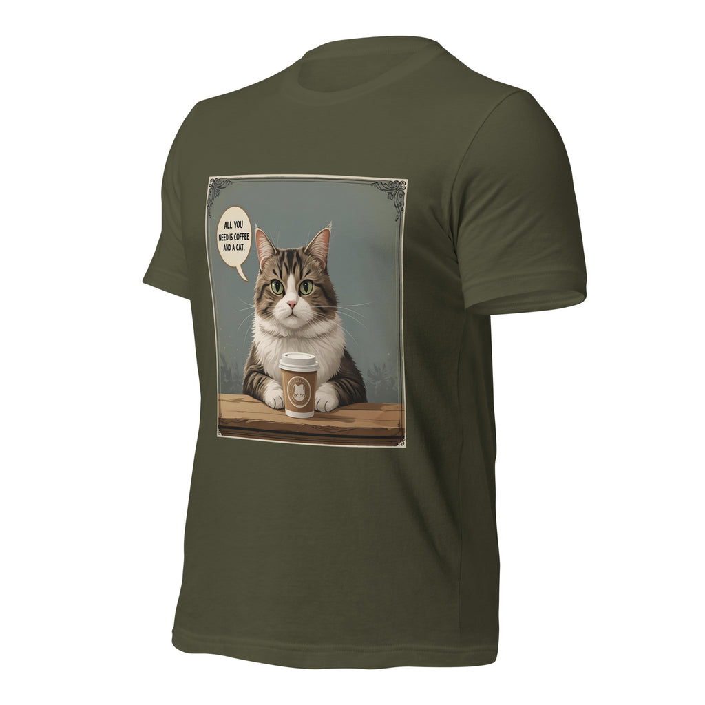 Angled view of black Christian pet lover unisex t-shirt featuring cat and coffee cup design.