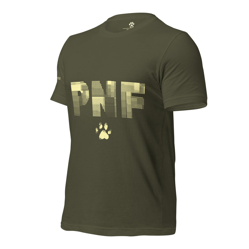 Angled view of military green Pets N Faith unisex Christian t-shirt with large PNF logo design.