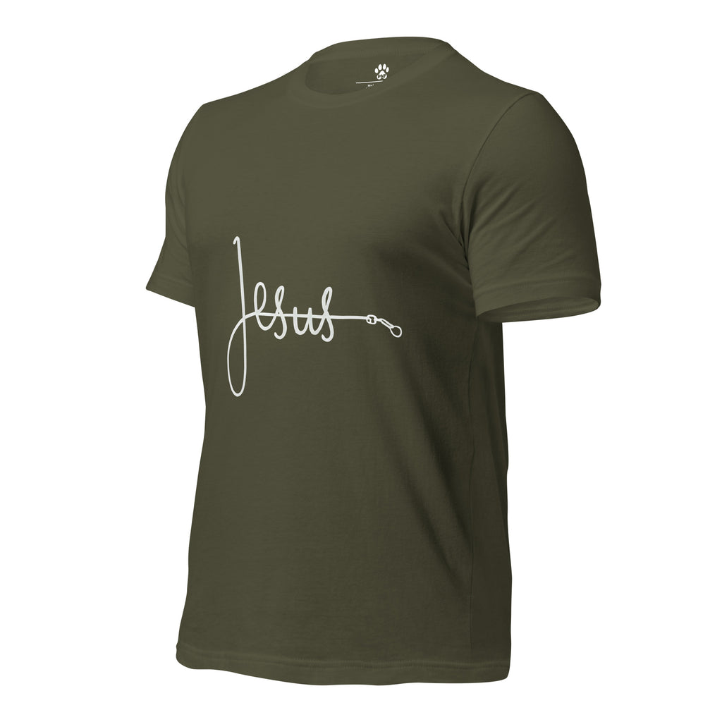 Front view of military green unisex Christian t-shirt with bold font of 'Jesus', with the 'J' made from a pet leash