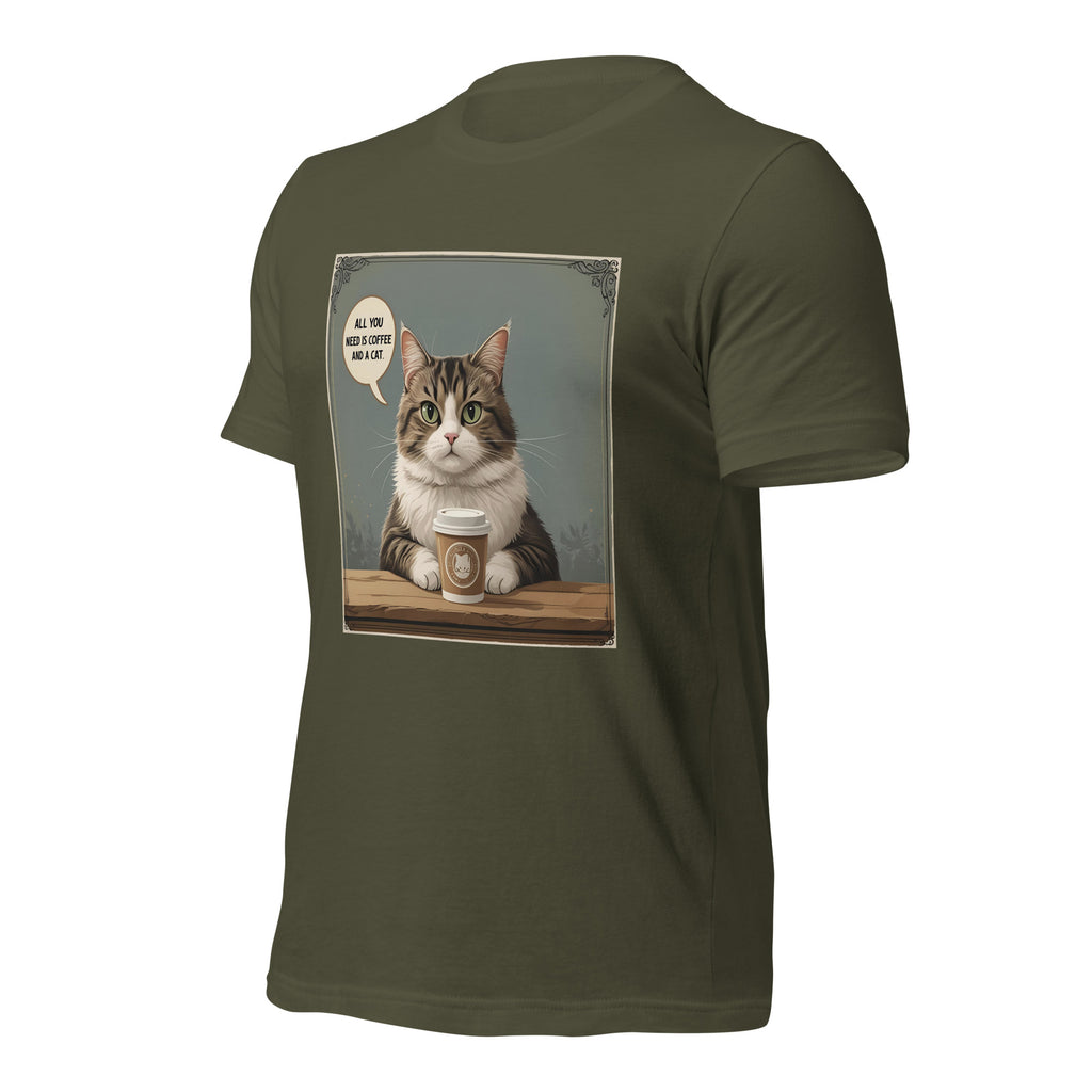Front view of military green Christian pet lover unisex t-shirt featuring cat and coffee cup design.