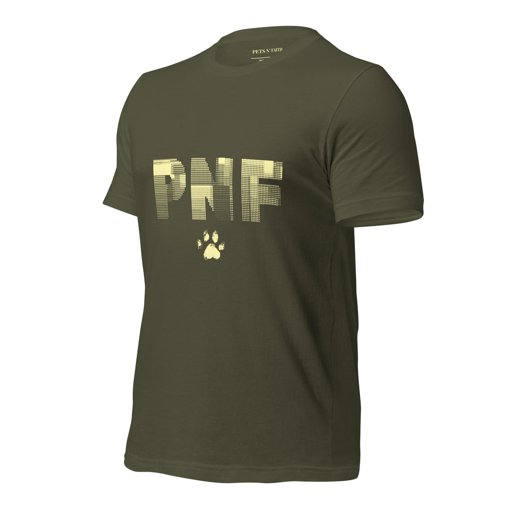 Front view of military green Pets N Faith unisex Christian t-shirt with large PNF logo design.