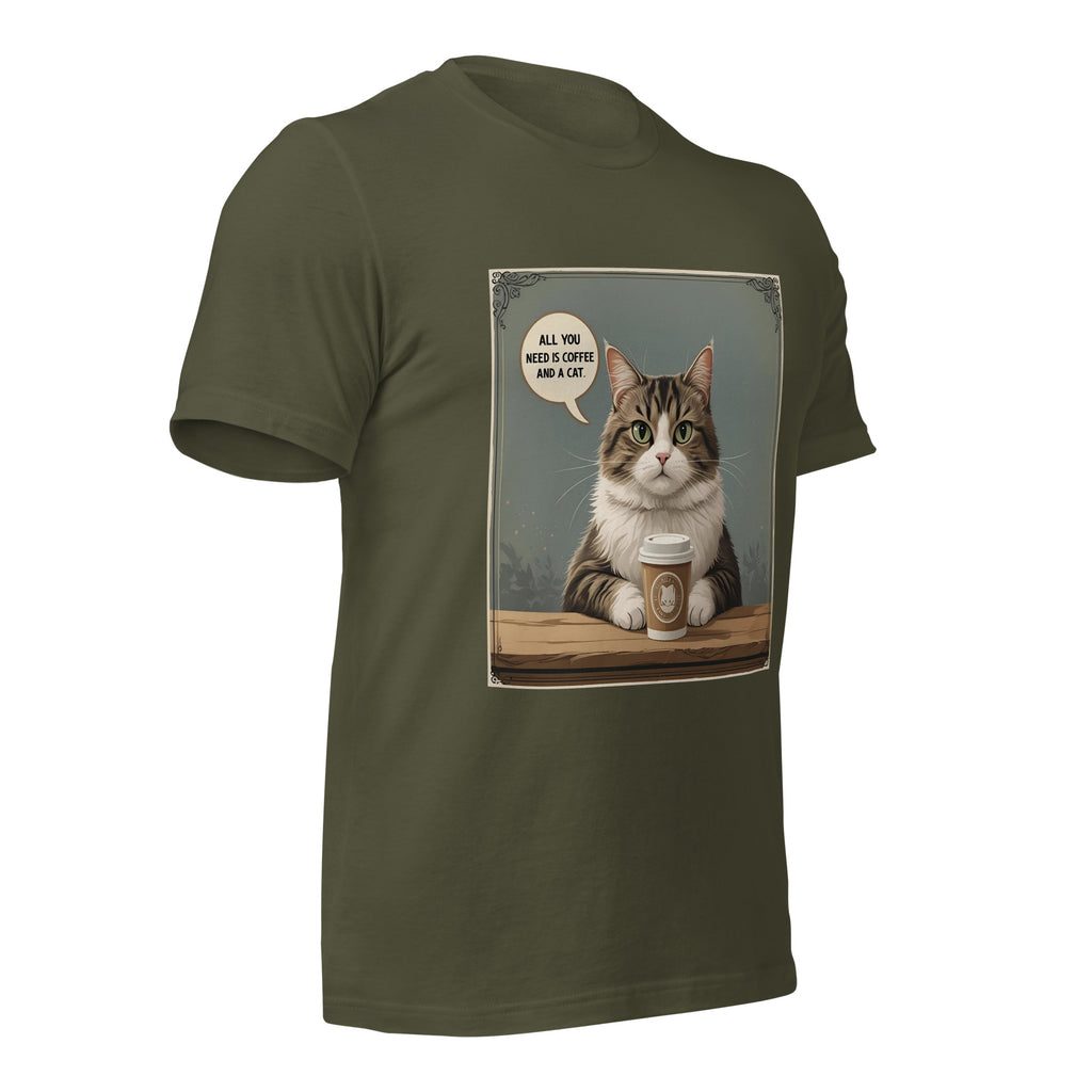 Side view of black Christian pet lover unisex t-shirt featuring cat and coffee cup design.