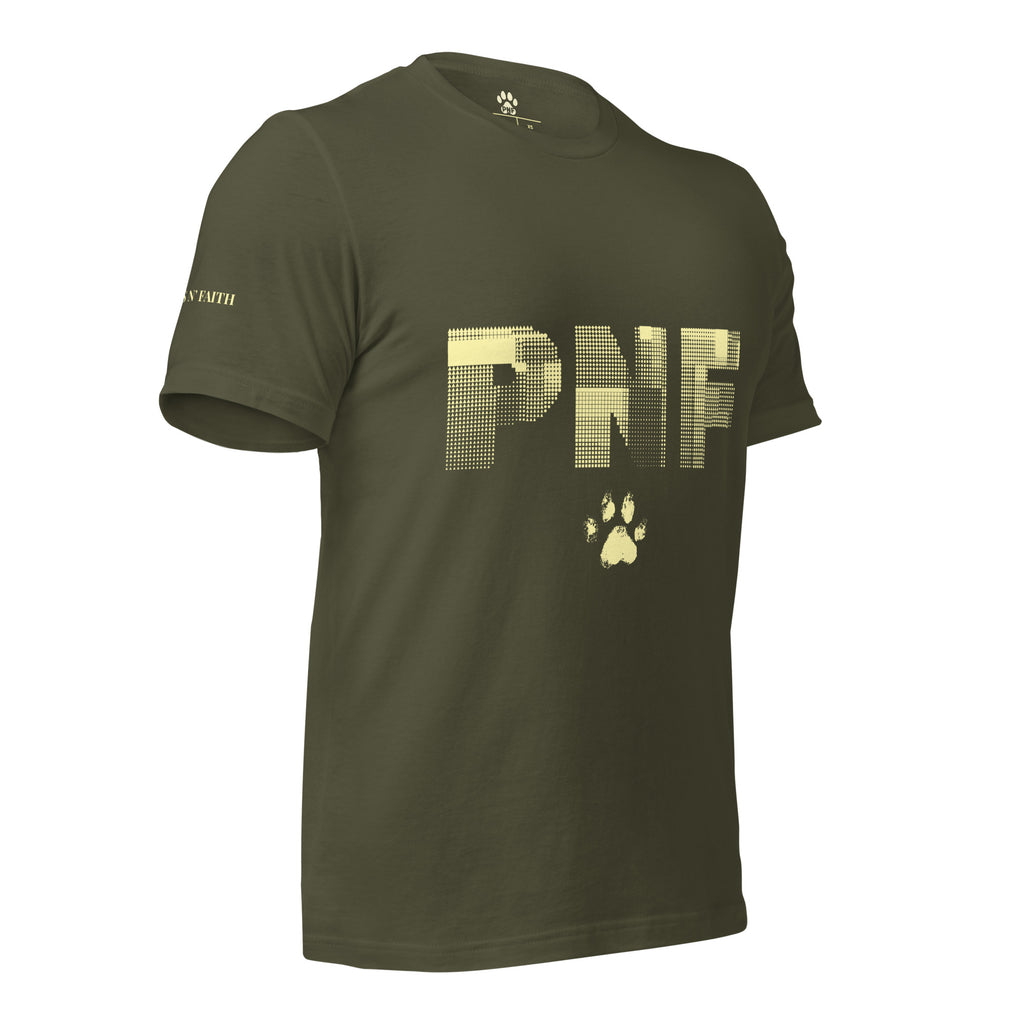 Side view of military green Pets N Faith unisex Christian t-shirt with large PNF logo design with Pets N' Faith logo in yellow text on sleeve.