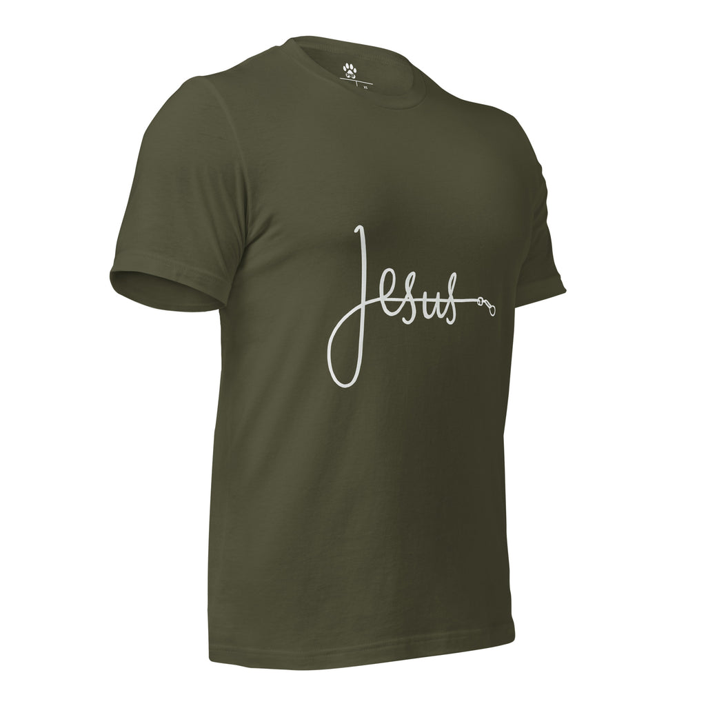 Front view of military green unisex Christian t-shirt with bold font of 'Jesus', with the 'J' made from a pet leash
