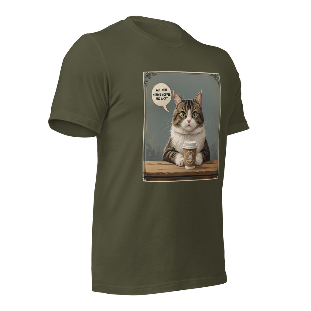 Front view of military green Christian pet lover unisex t-shirt featuring cat and coffee cup design.