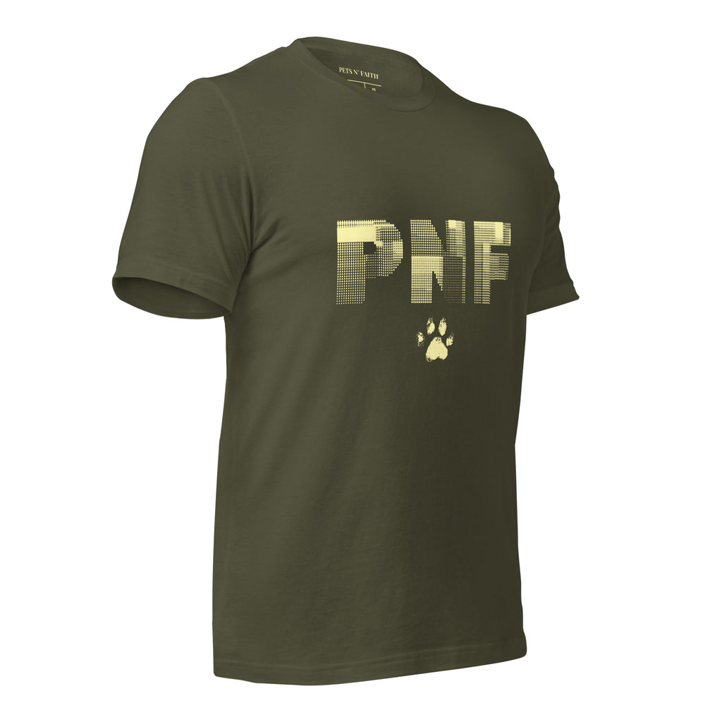 Front view of military green Pets N Faith unisex Christian t-shirt with large PNF logo design.