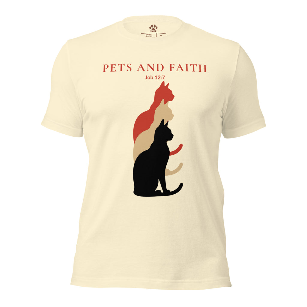 Natural color Pets N Faith unisex cat t-shirt with Job 12:7 text and layered cat silhouette design