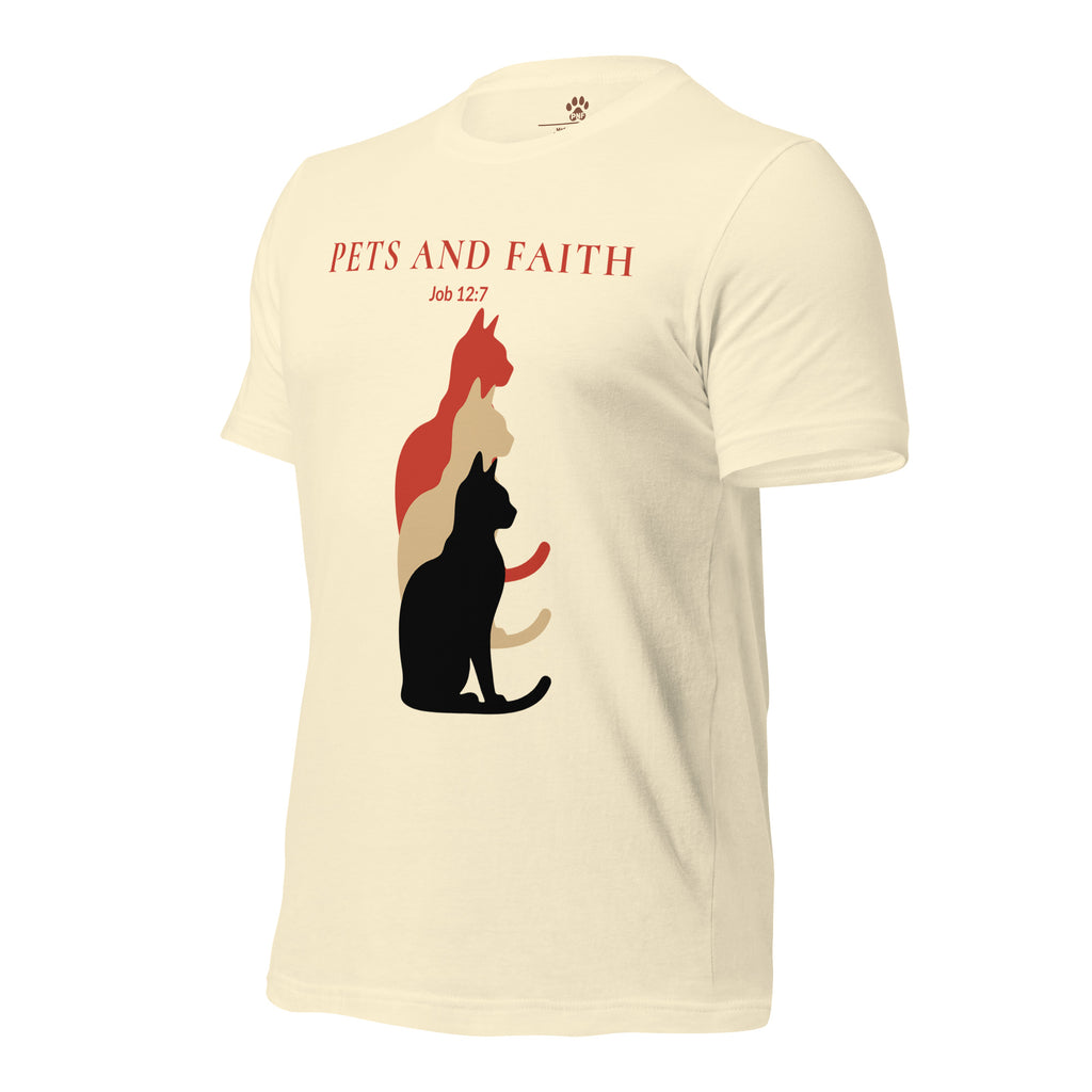 Natural color Pets N Faith unisex cat t-shirt with Job 12:7 text and layered cat silhouette design