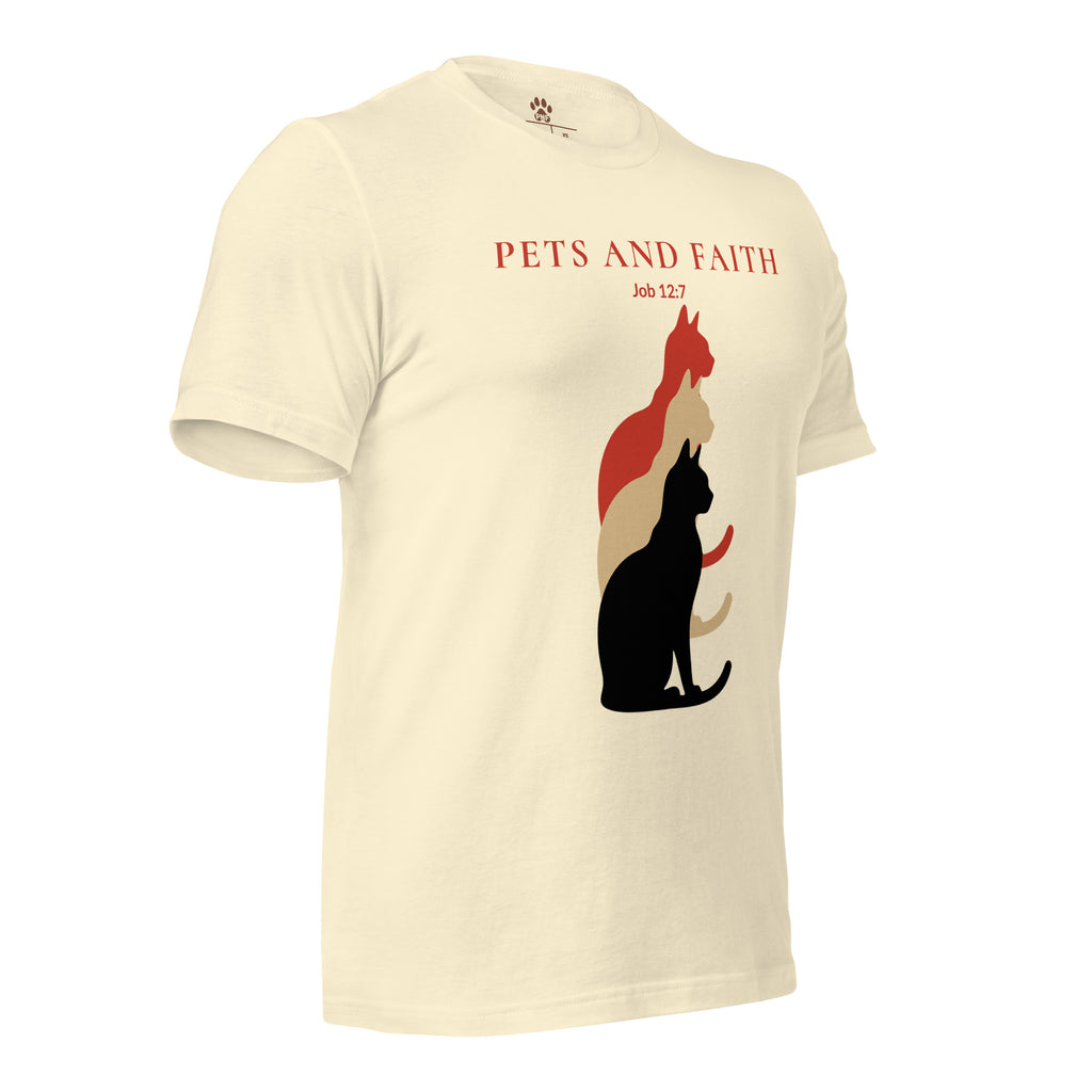 Natural color Pets N Faith unisex cat t-shirt with Job 12:7 text and layered cat silhouette design
