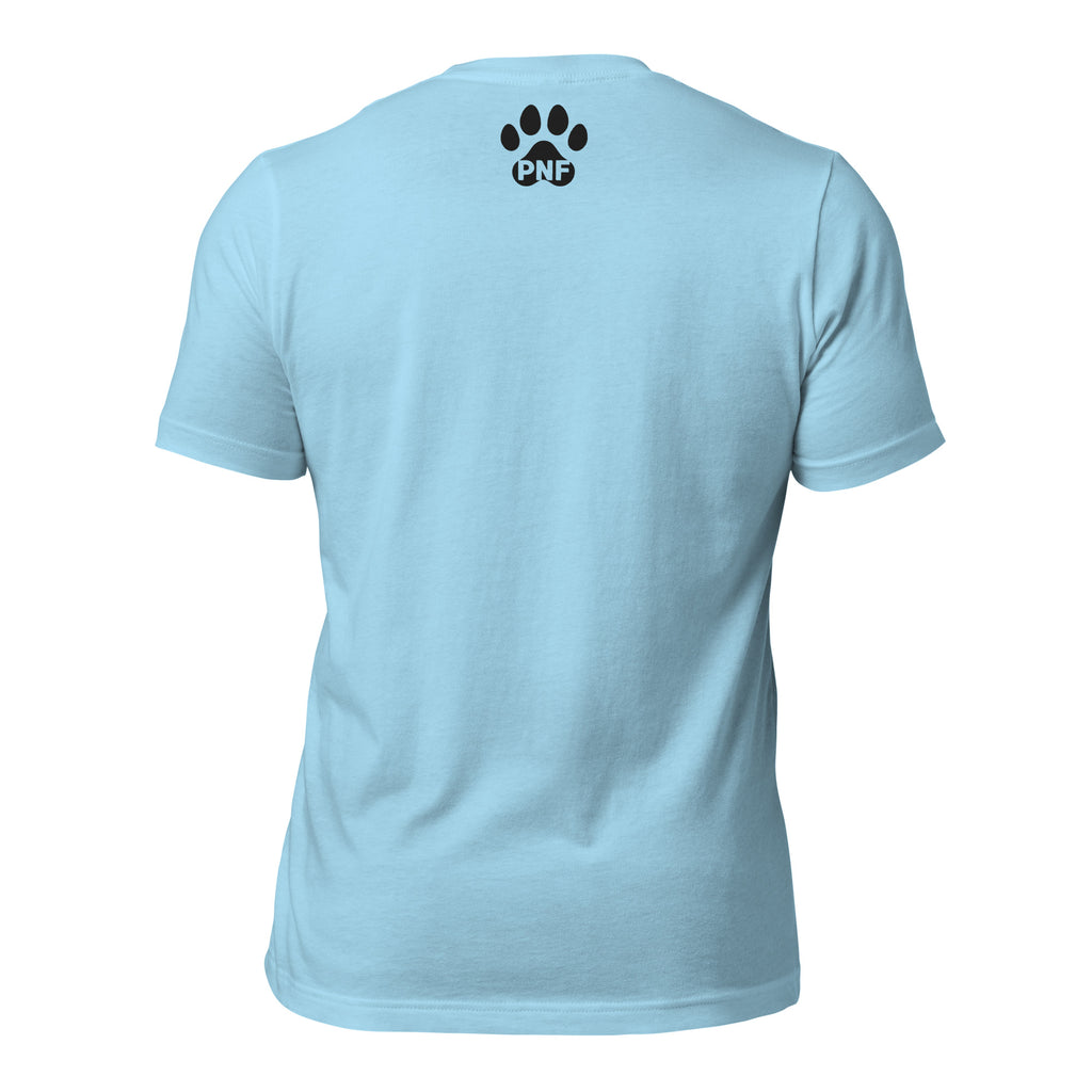 Back view of light blue Pets N Faith unisex Christian t-shirt with paw logo.