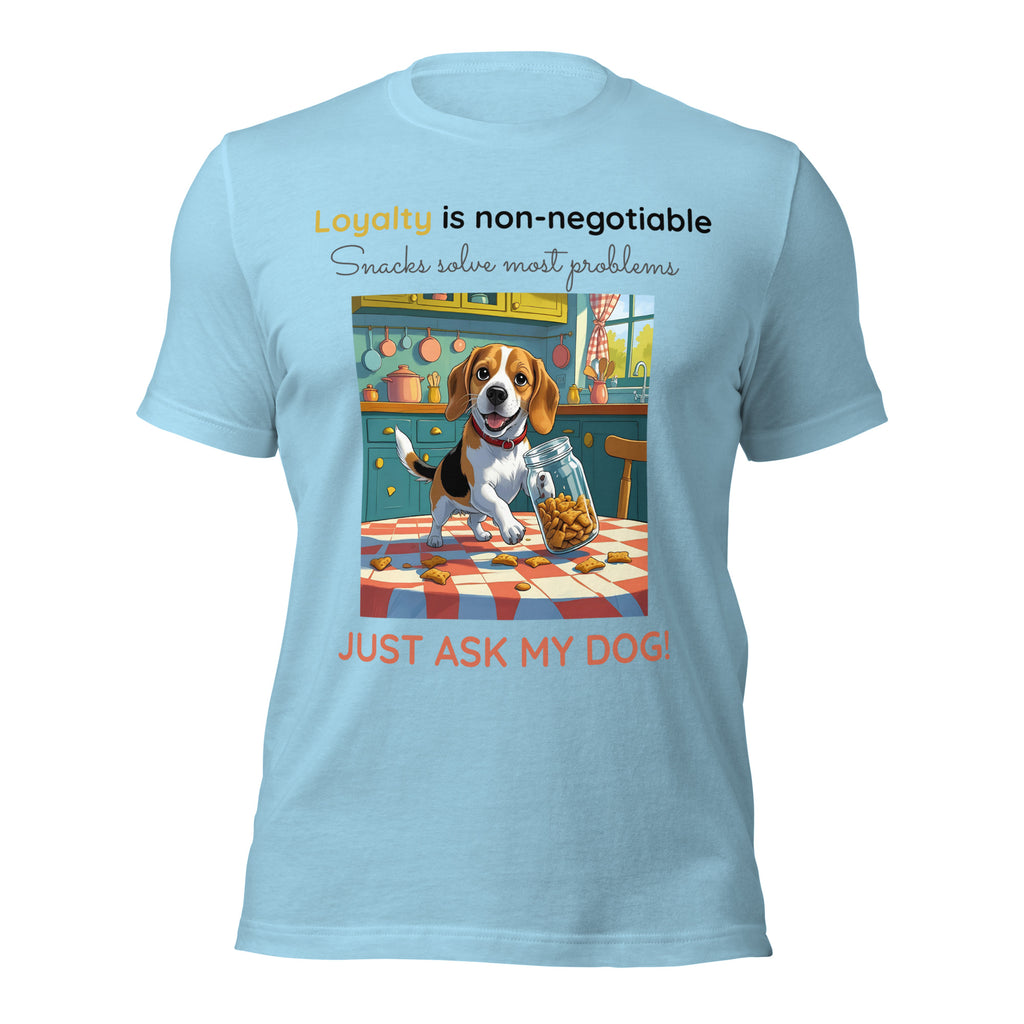 Front view of light blue Christian pet lover t-shirt featuring beagle dog and loyalty quote.