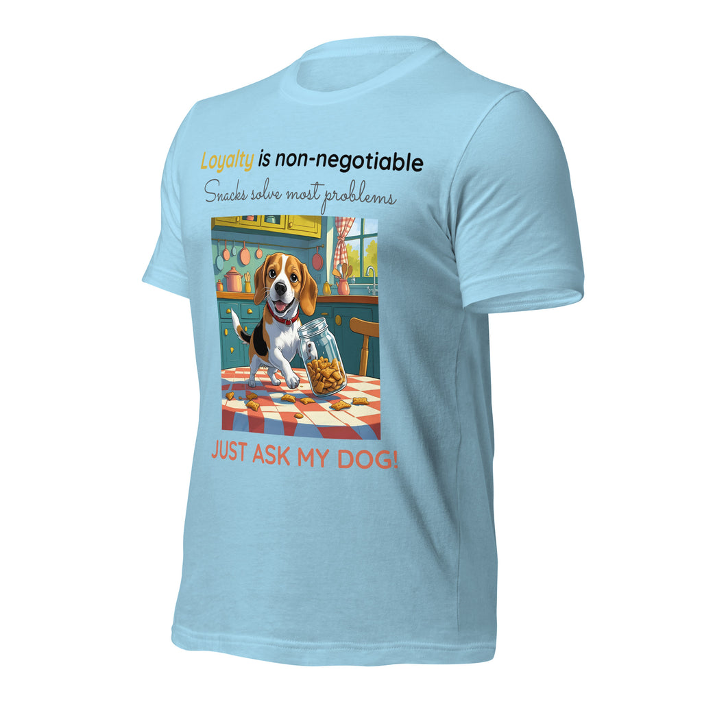 Angled view of light blue Christian pet lover t-shirt featuring beagle dog and loyalty quote.