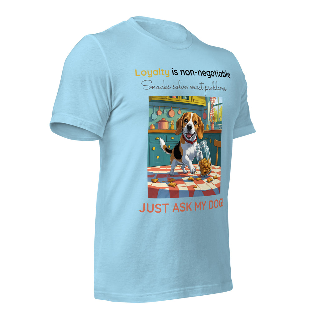 Side view of light blue Christian pet lover t-shirt featuring beagle dog and loyalty quote.