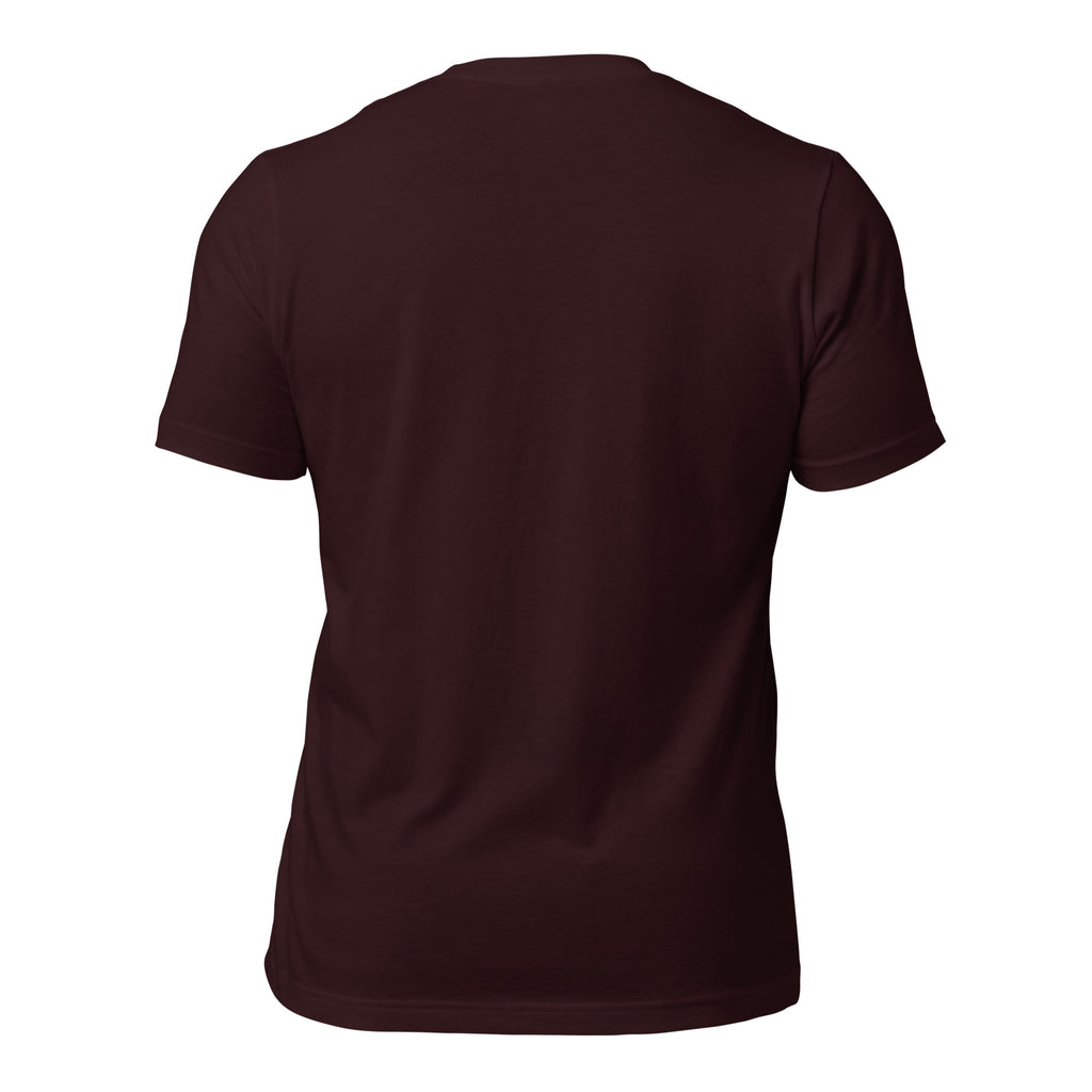 Back view of oxblood black unisex Christian t-shirt with bold font of 'Jesus', with the 'J' made from a pet leash
