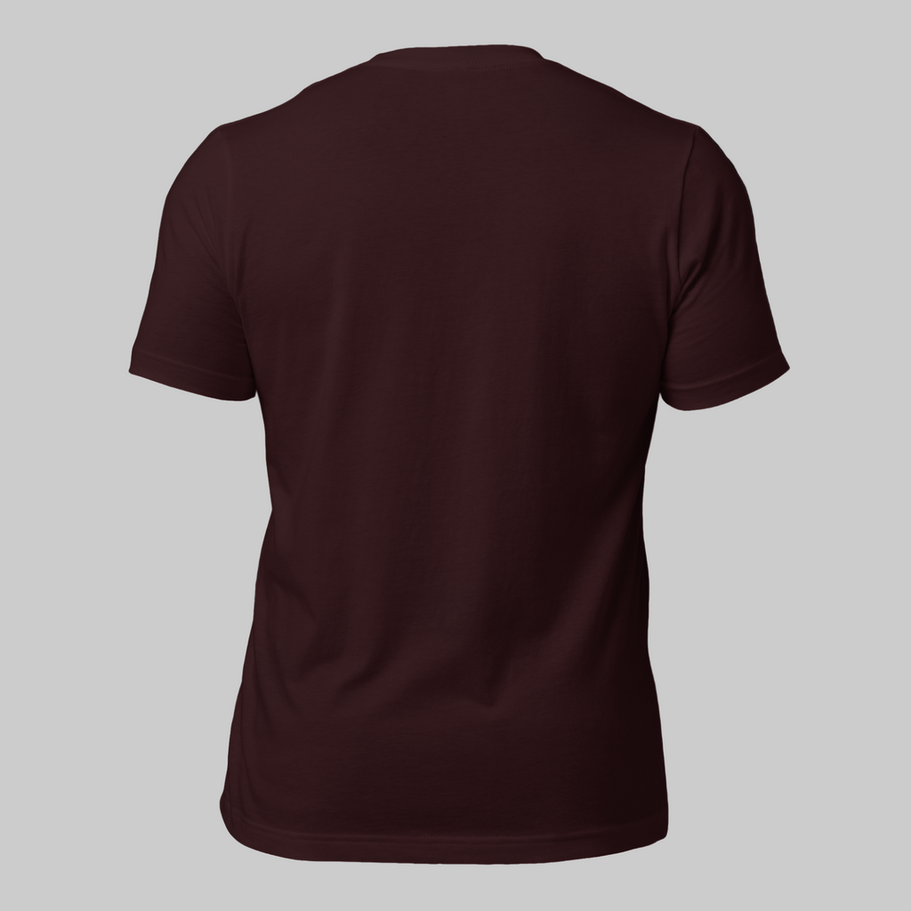 Oxblood unisex T-shirt with the text ‘All You Need Is Coffee and a Dog’ in warm gold lettering