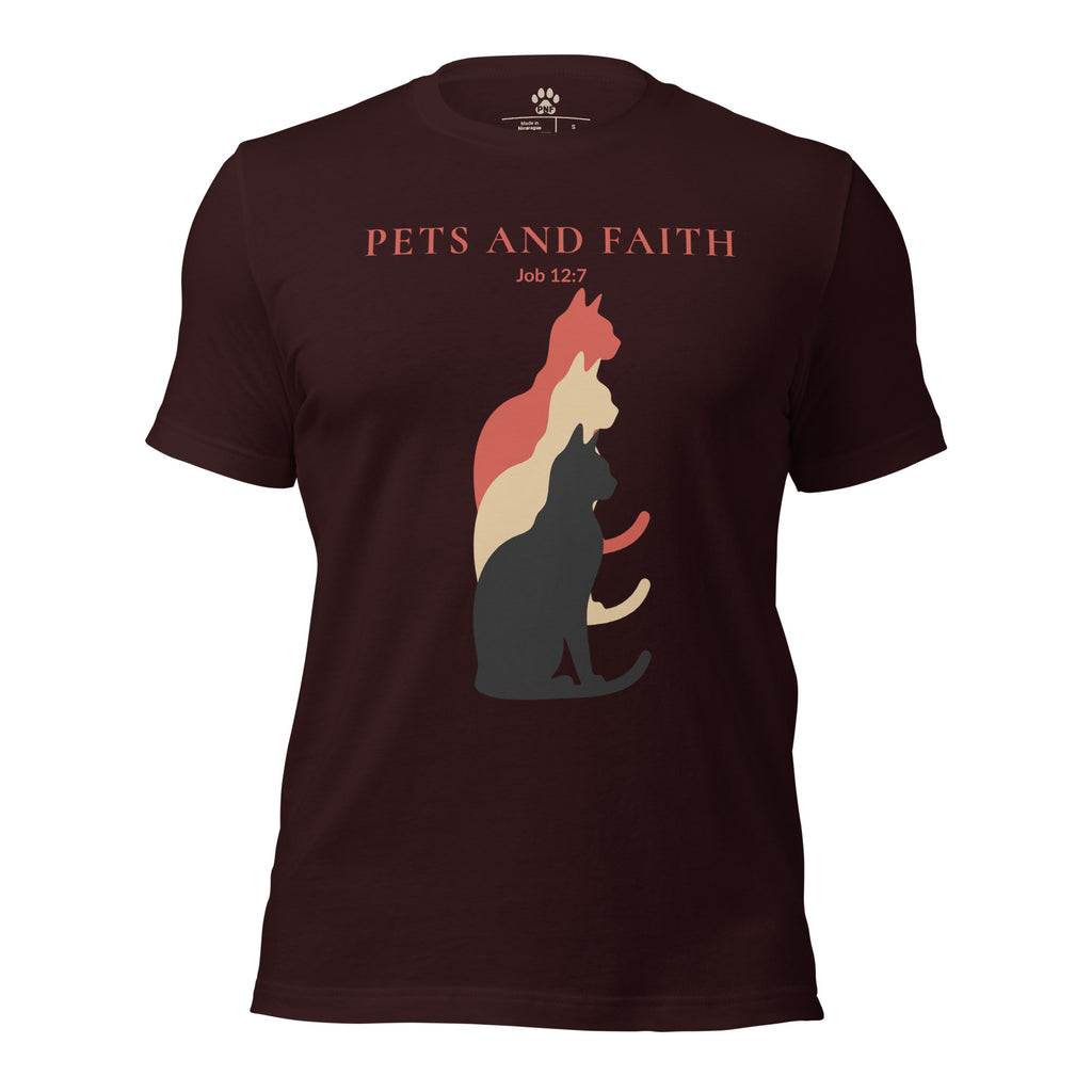 Oxblood Black Pets N Faith unisex cat t-shirt with Job 12:7 text and layered cat silhouette design