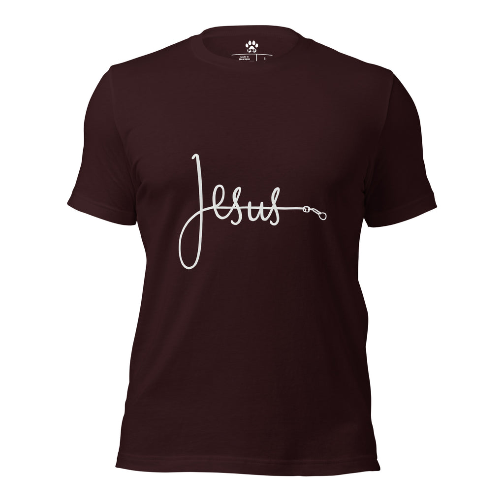 Front view of oxblood black unisex Christian t-shirt with bold font of 'Jesus', with the 'J' made from a pet leash