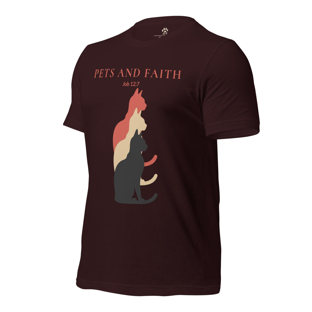 Oxblood Black Pets N Faith unisex cat t-shirt with Job 12:7 text and layered cat silhouette design