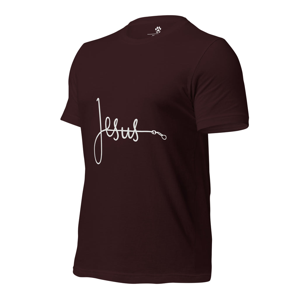 Front view of oxblood black unisex Christian t-shirt with bold font of 'Jesus', with the 'J' made from a pet leash
