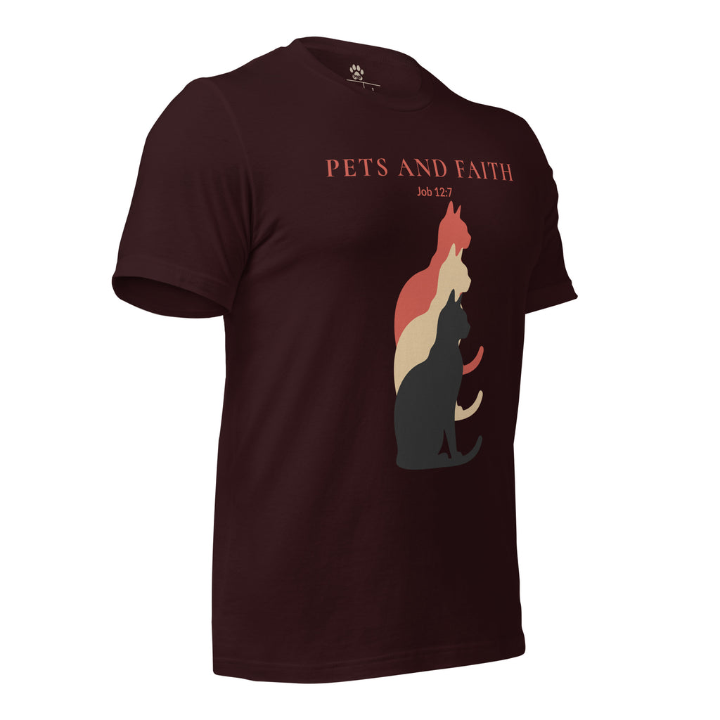 Oxblood Black Pets N Faith unisex cat t-shirt with Job 12:7 text and layered cat silhouette design