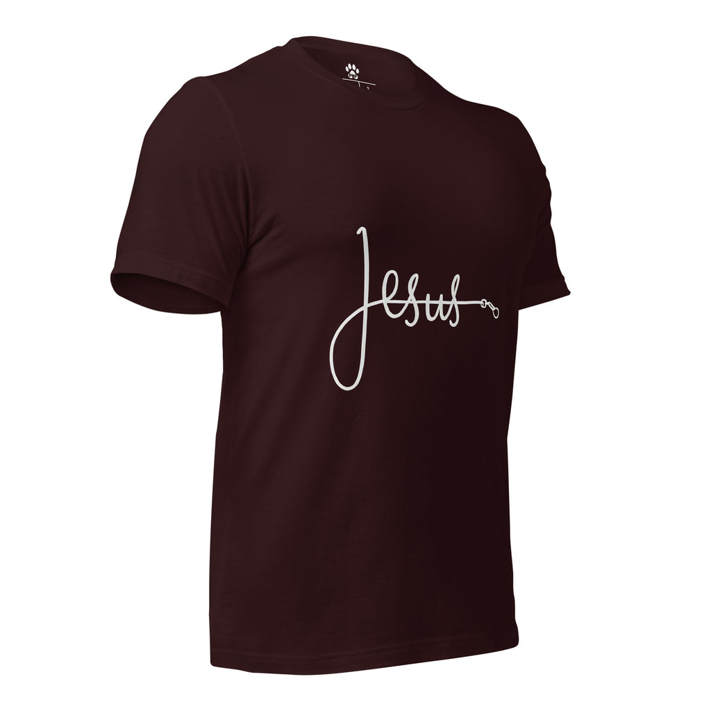 Front view of oxblood black unisex Christian t-shirt with bold font of 'Jesus', with the 'J' made from a pet leash