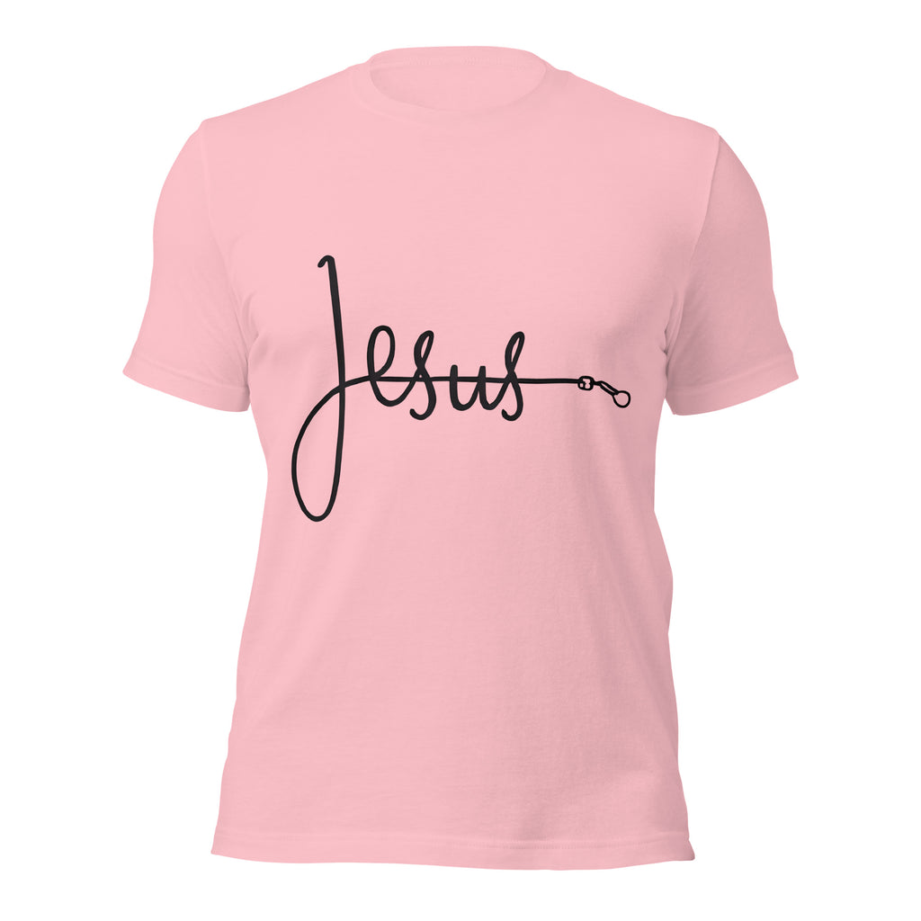 Pink unisex T-shirt with the word ‘Jesus’ in a flowing script design