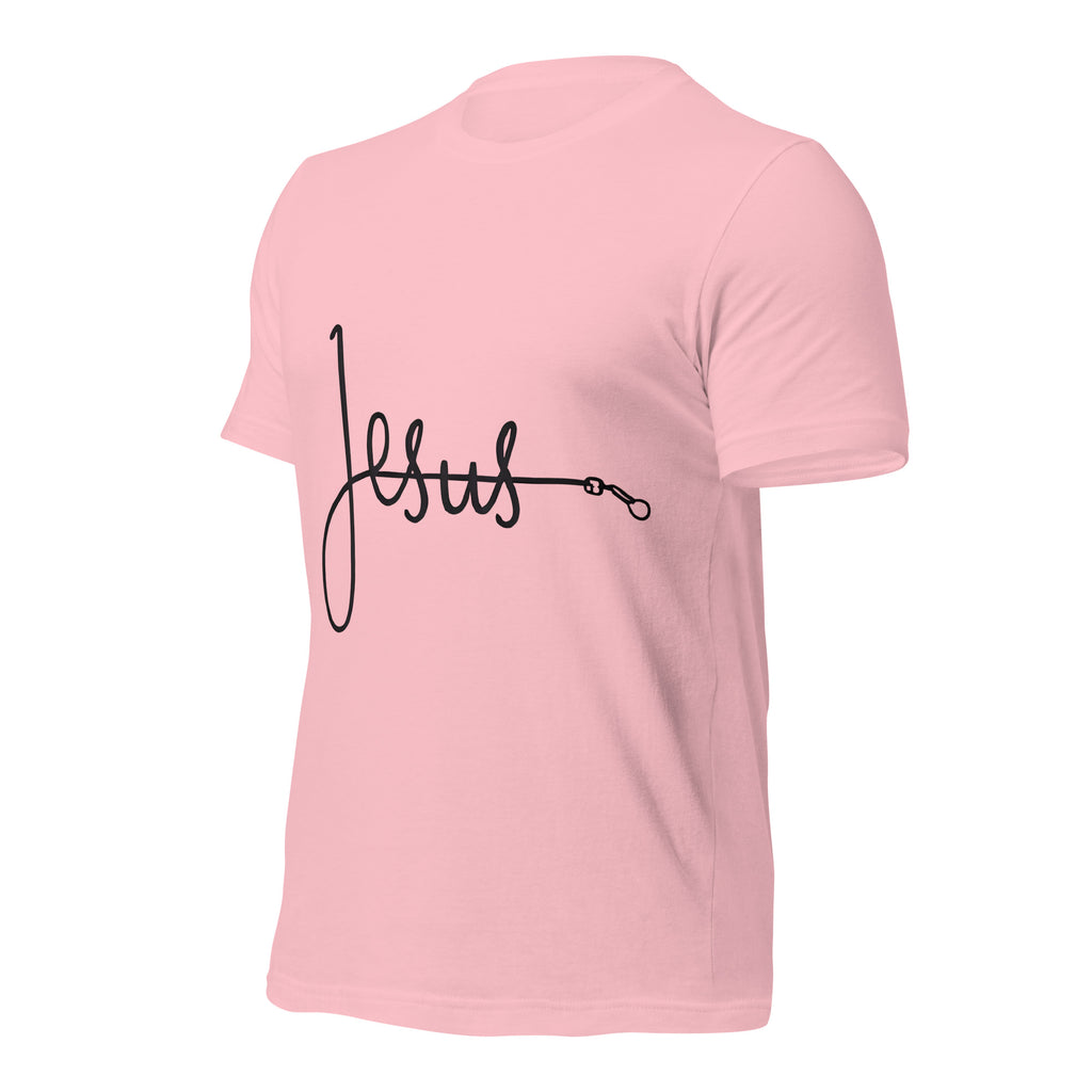 Pink unisex T-shirt with the word ‘Jesus’ in a flowing script design