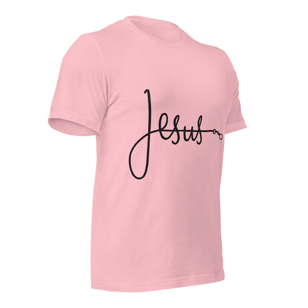 Pink unisex T-shirt with the word ‘Jesus’ in a flowing script design