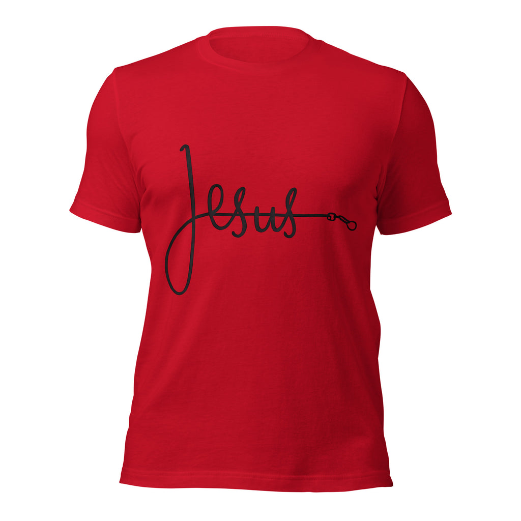 Bright red unisex T-shirt with the word ‘Jesus’ in a flowing script design