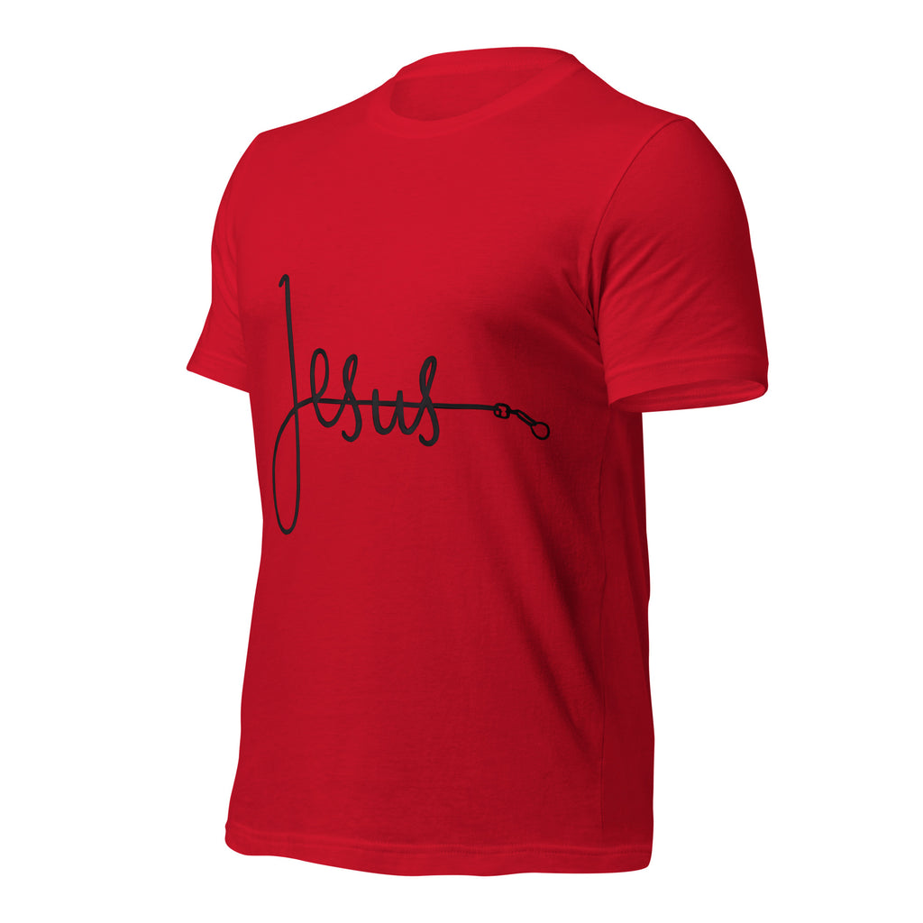Bright red unisex T-shirt with the word ‘Jesus’ in a flowing script design