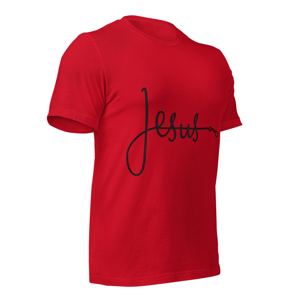 Bright red unisex T-shirt with the word ‘Jesus’ in a flowing script design