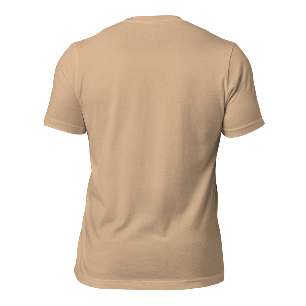 Tan unisex T-shirt with teal text reading ‘All You Need Is Coffee and a Cat