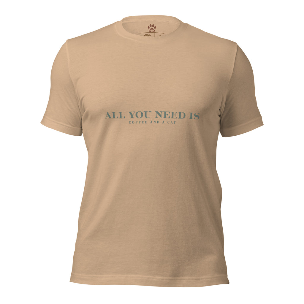 Tan unisex T-shirt with teal text reading ‘All You Need Is Coffee and a Cat