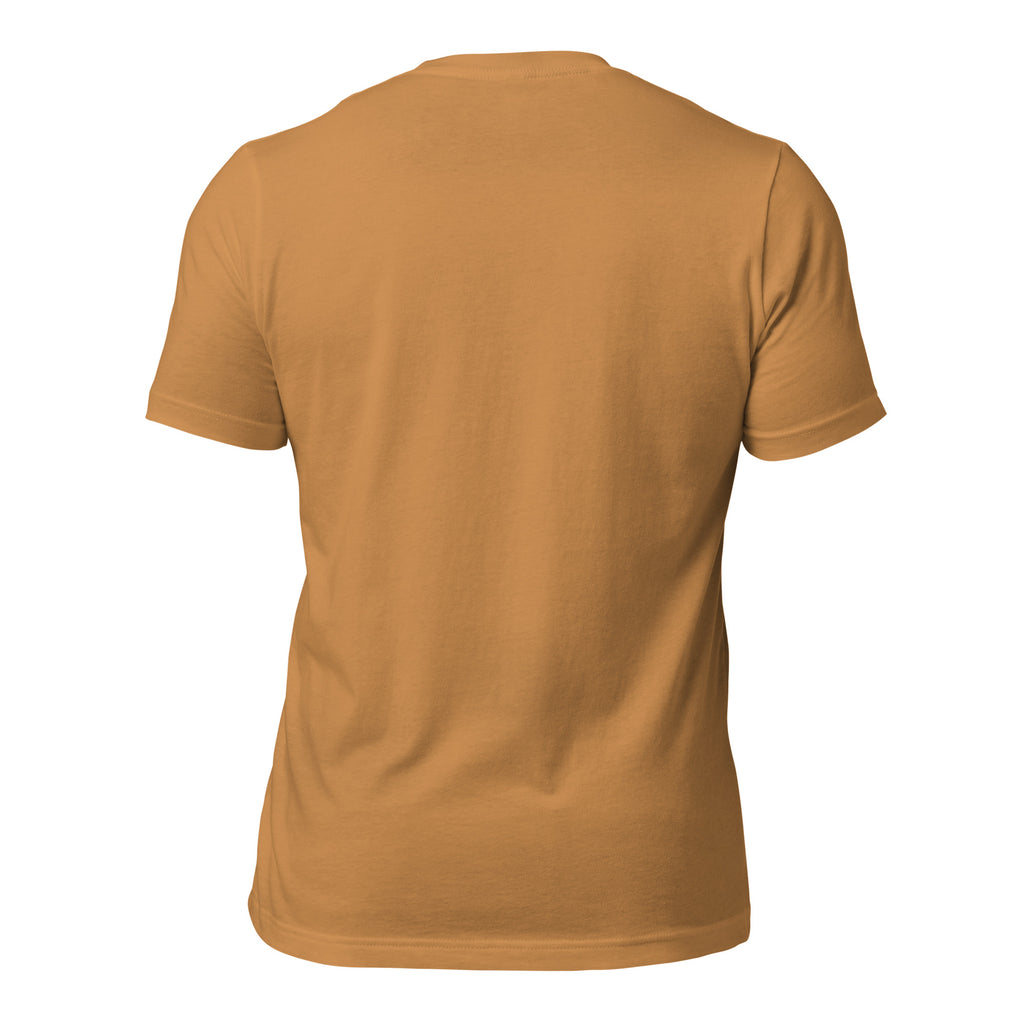 Back view of toast colored Christian pet lover unisex t-shirt featuring dog and coffee cup design.