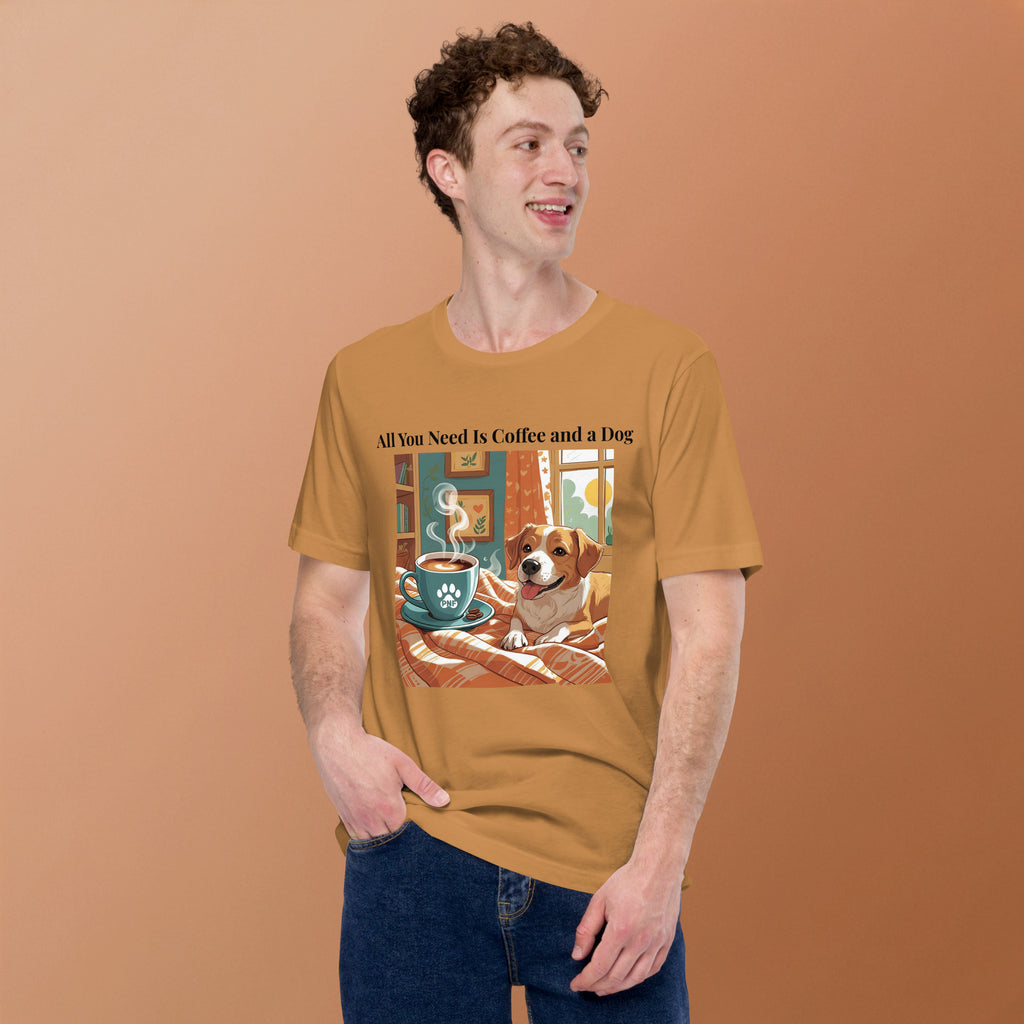 Man with Christian pet lover unisex t-shirt featuring dog and coffee cup design.