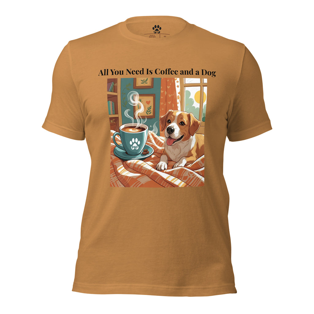 Front view of toast  colored Christian pet lover unisex t-shirt featuring dog and coffee cup design.