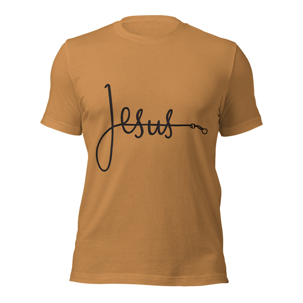 Tan  unisex T-shirt with the word ‘Jesus’ in a flowing script design