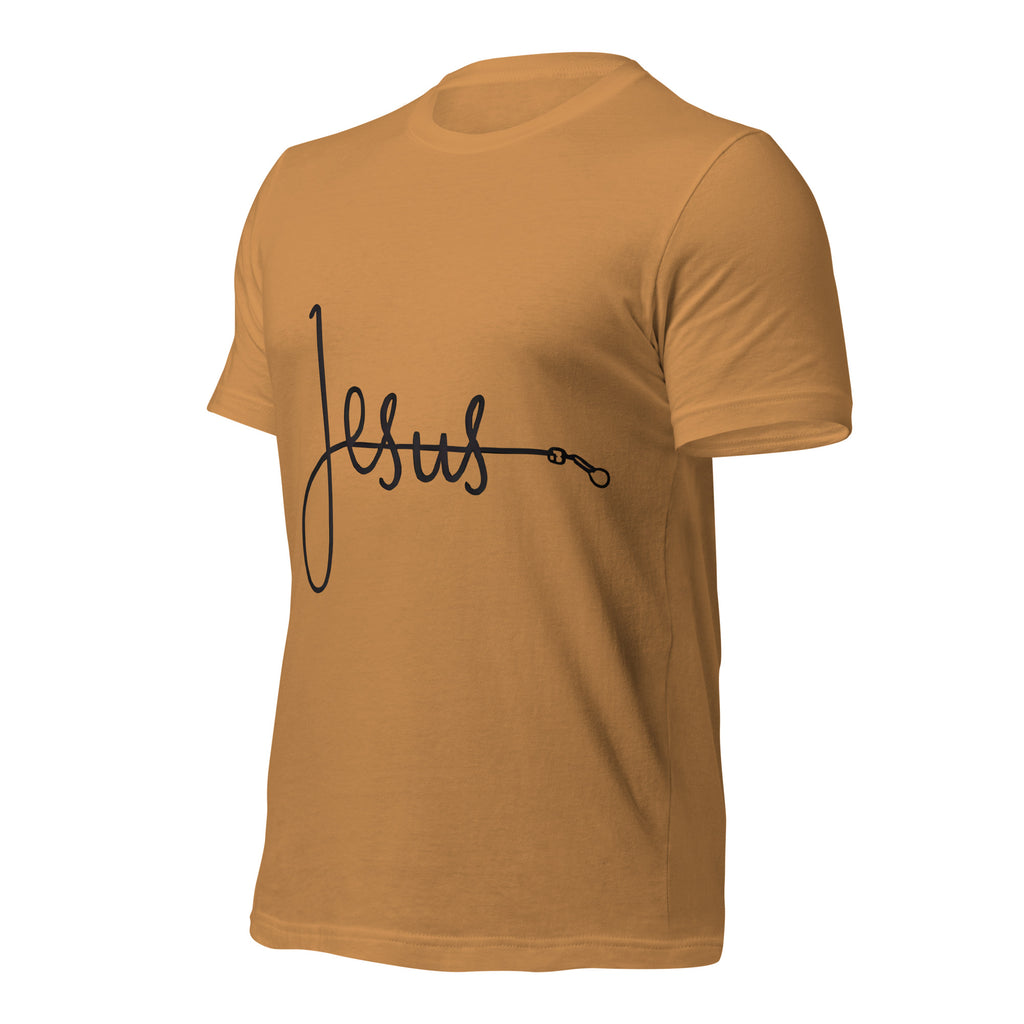 Tan  unisex T-shirt with the word ‘Jesus’ in a flowing script design
