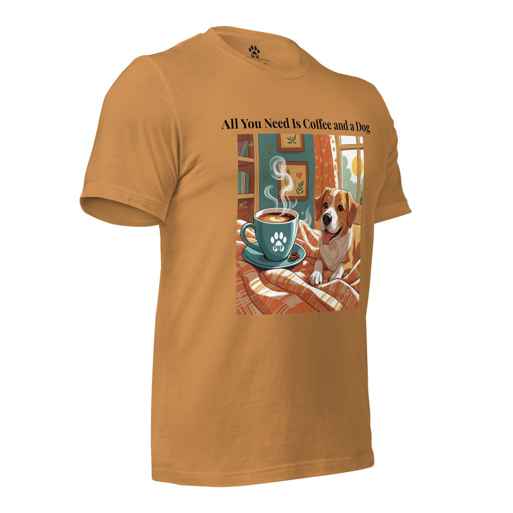 Side view of toast colored Christian pet lover unisex t-shirt featuring dog and coffee cup design.