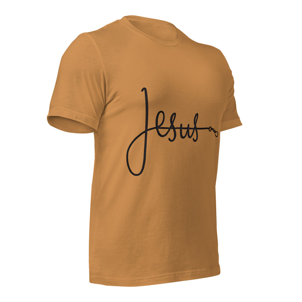 Tan  unisex T-shirt with the word ‘Jesus’ in a flowing script design