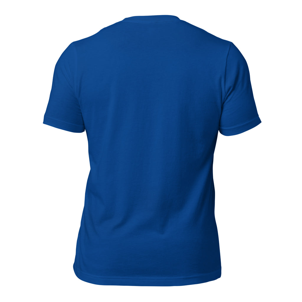 Front view of royal blue Pets N Faith unisex Christian t-shirt with large PNF logo design.