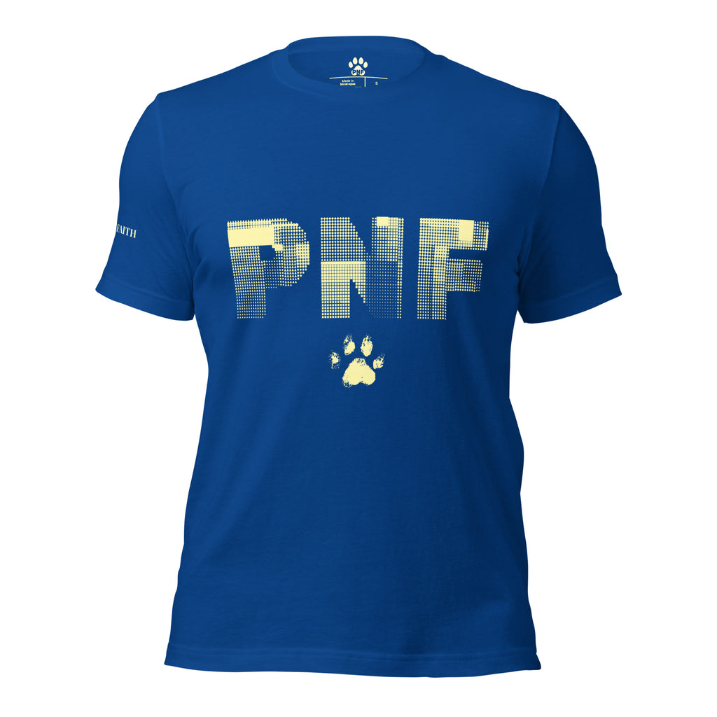 Front view of royal blue Pets N Faith unisex Christian t-shirt with large PNF logo design.