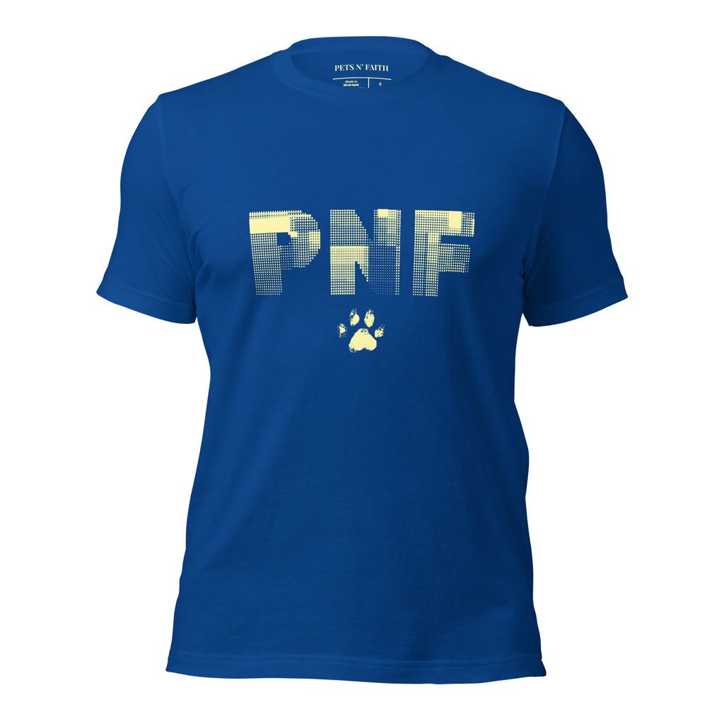 Front view of royal blue Pets N Faith unisex Christian t-shirt with large PNF logo design.