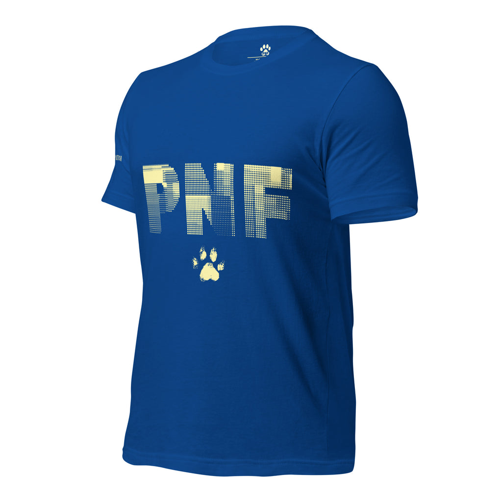 Angled view of royal blue Pets N Faith unisex Christian t-shirt with large PNF logo design.