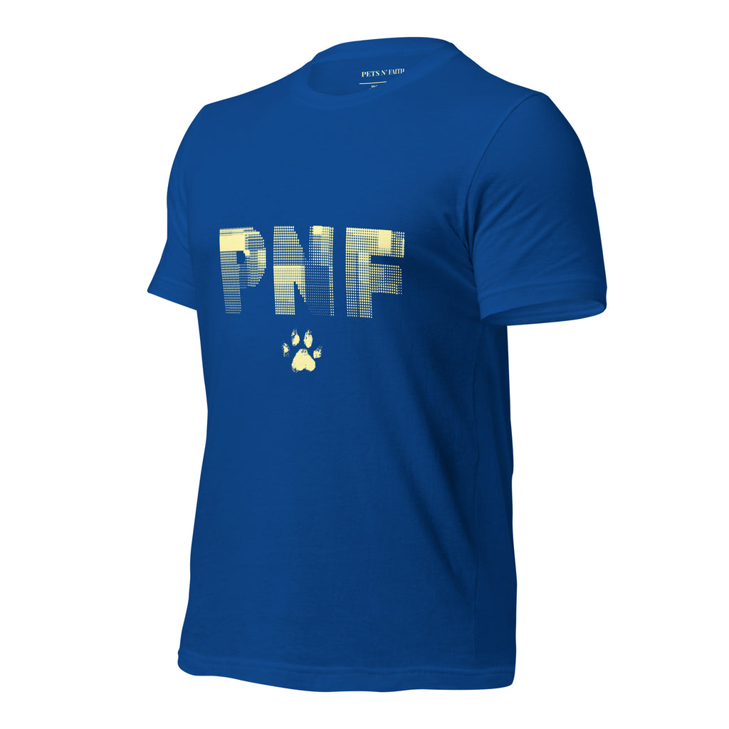 Front view of royal blue Pets N Faith unisex Christian t-shirt with large PNF logo design.